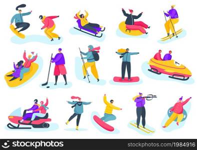 Winter sports activities, people having fun skiing and snowboarding. Professional skiers and snowboarders, winter season activity vector set. Playing hockey and doing extreme sport
