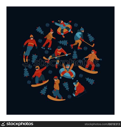 Winter sports and fun activities in the snow. People skiing, skating, sledding, snowboarding. A set of characters oriented in a circle. Vector illustration.. Hello winter. Vector illustration. A set of characters engaged in winter sports and recreation.