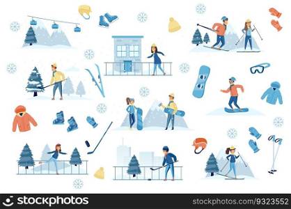 Winter sports bundle of flat scenes. People play hockey, skating and skiing isolated set. Skis, skates, snowboard, hockey stick and sportswear elements. Wintertime vacation cartoon vector illustration
