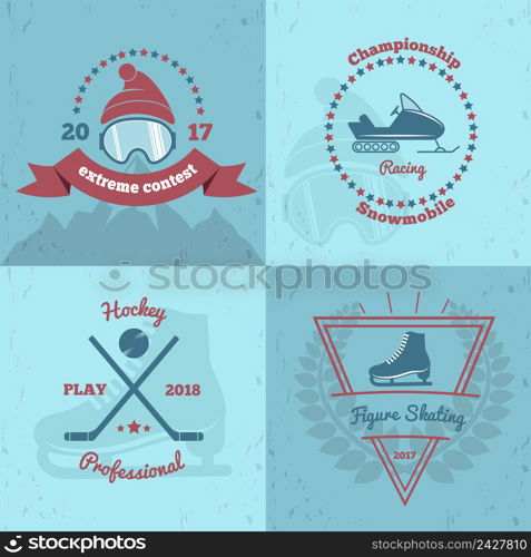Winter sports emblems 2x2 with extreme contest, snowmobile championship, professional hockey, figure skating isolated vector illustration. Winter Sports Emblems 2x2