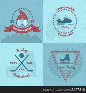 Winter sports emblems 2x2 with extreme contest, snowmobile championship, professional hockey, figure skating isolated vector illustration. Winter Sports Emblems 2x2