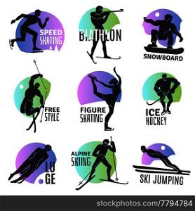Winter sports emblems set with silhouettes of people involved in ski jumping free style biathlon ice hockey luge flat vector illustration. Winter Sports Emblems Set