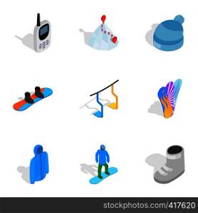 Winter sports equipment icons set. Isometric 3d illustration of 9 winter sports equipment vector icons for web. Winter sports equipment icons set