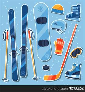 Winter sports equipment sticker icons set in flat design style.