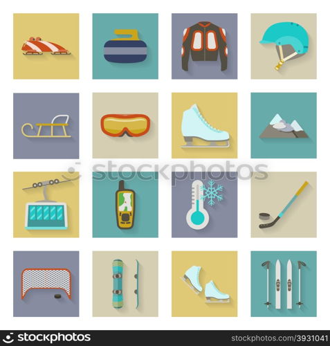 Winter sports flat icons set graphic illustration design. Winter sports flat icons set with shadows