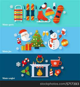 Winter sports fun comfort flat banners set isolated vector illustration