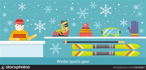 Winter sports gear ski and accessories. Ski and boot, goggles and gloves, accessory clothing, stick and active extreme, weather sportsman, activity leisure illustration