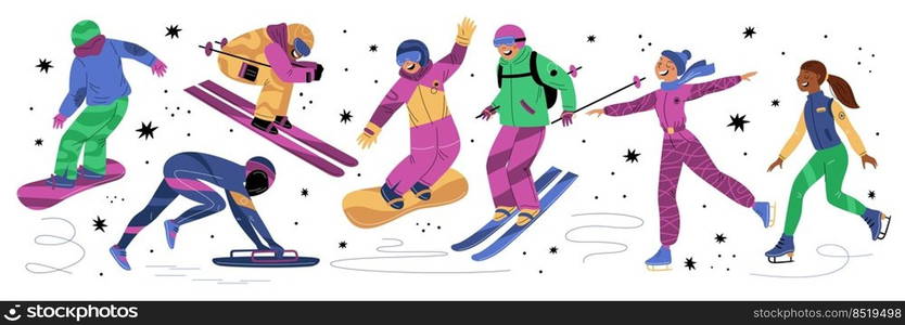 Winter sports. Happy young sportsmen. Skiers and snowboarders. Ice and snow skating. Cartoon funny athletes in gear. Bobsledders and skaters. People activities. Athletic competition. Garish vector set. Winter sports. Young sportsmen. Skiers and snowboarders. Ice and snow skating. Cartoon athletes in gear. Bobsledders and skaters. People activities. Athletic competition. Garish vector set