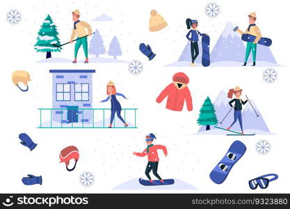 Winter sports isolated elements set. Bundle of men and women skate, ski or snowboard, play hockey, clothing and equipment for activities. Creator kit for vector illustration in flat cartoon design