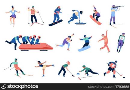 Winter sports people. Professional athletes, women and men in specialized suits, extreme sports equipment, skeleton, skiing, snowboard. Figure skating, bobsleigh and hockey vector cartoon isolated set. Winter sports people. Professional athletes, women and men in specialized suits, sports equipment, skeleton, skiing, snowboard. Figure skating, bobsleigh and hockey, vector cartoon isolated set