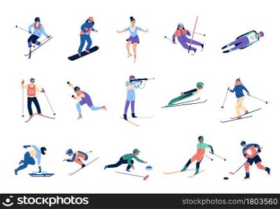 Winter sports skating. Skiers and snowboards athletes, mountains ski jumping and freestyle, bobsleigh, curling ice hockey, olympic games. People in different active poses. Vector cartoon isolated set. Winter sports skating. Skiers and snowboards athletes, mountains ski jumping and freestyle, bobsleigh, curling ice hockey, olympic games. People active poses vector cartoon isolated set