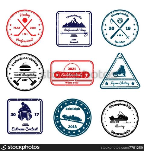 Winter sports stamps of various shape with skiing, biathlon, hockey, curling, figure skating, snowboarding isolated vector illustration. Winter Sports Stamps