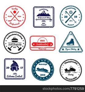 Winter sports stamps of various shape with skiing, biathlon, hockey, curling, figure skating, snowboarding isolated vector illustration. Winter Sports Stamps