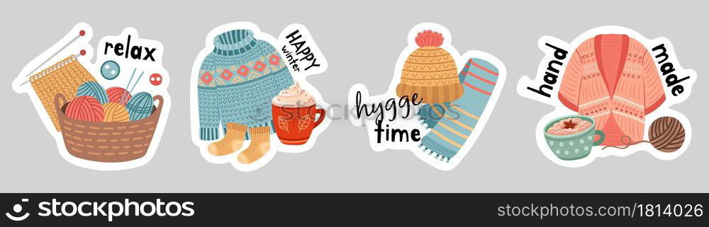 Winter stickers. Hot drink, knitted elements cardigan sweater and warm accessories. Seasonal hobby, hygge banners vector set. Illustration winter hot chocolate, coffee and warm knitted. Winter stickers. Hot drink, knitted elements cardigan sweater and warm accessories. Seasonal hobby, hygge banners vector set