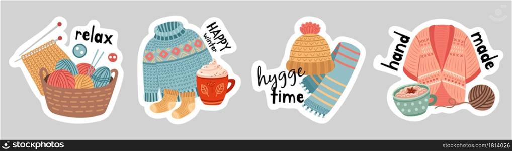 Winter stickers. Hot drink, knitted elements cardigan sweater and warm accessories. Seasonal hobby, hygge banners vector set. Illustration winter hot chocolate, coffee and warm knitted. Winter stickers. Hot drink, knitted elements cardigan sweater and warm accessories. Seasonal hobby, hygge banners vector set