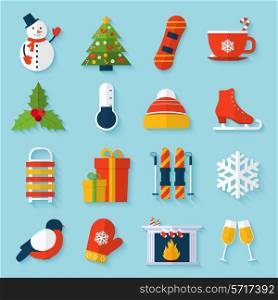 Winter stickers set with snowman christmas tree snowboard cup isolated vector illustration.