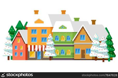 Winter street with houses placed in row, isolated set of homes with lights in window. Roofs of buildings covered with snow. Estate of citizens with pine tree growing by chalet. Vector in flat style. Row of Houses in Winter, Village or Town Vector
