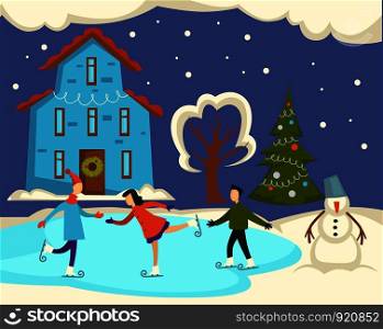 Winter street with people on holiday, couples leisure vector. Apartments, houses with entrance and windows, snowing weather. Couple skating on ice, kid with sledges, woman walking dog on leash. Winter street with people on holiday, couples leisure vector.