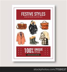 Winter style poster design with boots, bag, coat, shirt watercolor illustration