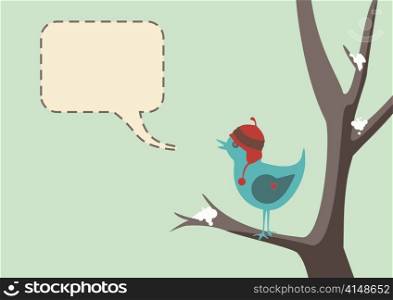 Winter style vector of a cute bird wearing a hat, sitting in tree with snow, complete with speech bubble
