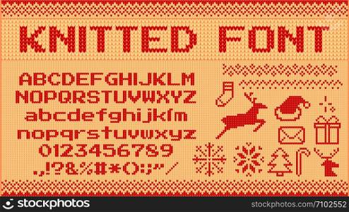 Winter sweater font. Knitted christmas sweaters letters, knit jumper xmas pattern and ugly sweater knits. Norwegian holiday knit sweater abc and number, new year jumper vector illustration signs set. Winter sweater font. Knitted christmas sweaters letters, knit jumper xmas pattern and ugly sweater knits vector illustration set