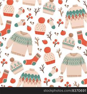 Winter sweater socks hat seamless pattern vector illustration