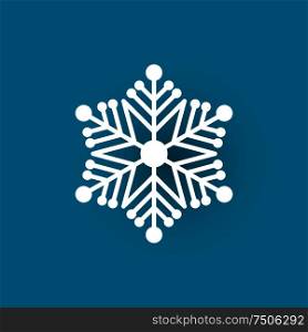 Winter symbol, Xmas flake New Year and Christmas sign, frozen crystal frozen element, vector paper object. Snowflake cut out icon isolated on blue.. Winter Symbol, Xmas Flake New Year and Christmas