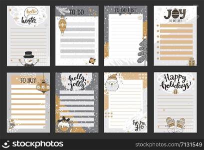 Winter templates for notes, to do and buy lists.Organizer,planner,schedule for your design.Hand drawn blanks with santa, snowman, gifts, snowfall.Vector illustration.. Winter templates for notes, to do and buy lists.