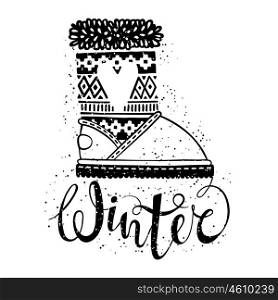 Winter text brush lettering and boots with heart. Seasonal shopping concept design for the banner or label.. Winter text brush lettering and boots with heart. Seasonal shopping concept design for the banner or label. Isolated vector illustration.