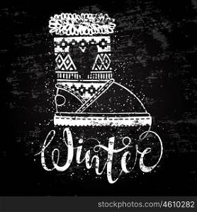 Winter text brush lettering and boots with heart. Seasonal shopping concept design for the banner or label.. Winter text brush lettering and boots with heart. Seasonal shopping concept design for the banner or label. Stylized drawing chalk on blackboard. Isolated vector illustration.