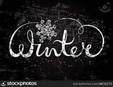 Winter text lettering with snowflake. Seasonal shopping concept to design banners, price or label. Stylized drawing chalk on blackboard. Isolated vector illustration.
