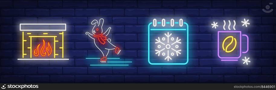 Winter time neon sign set. Fireplace, hot drink, calendar. Vector illustration in neon style, bright billboard for topics like vacation, December holiday, leisure