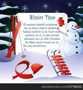 Winter time poster with snowman ski sledge and trees on background vector illustration