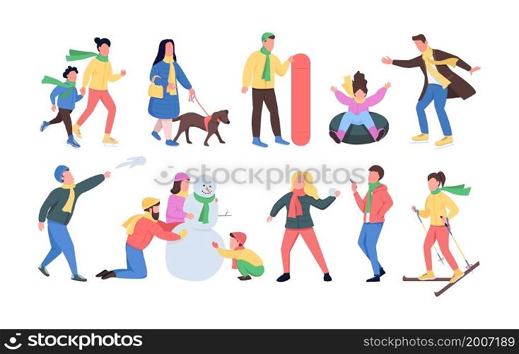 Winter time semi flat color vector character set. Posing figures. Full body people on white. Family fun isolated modern cartoon style illustration for graphic design and animation collection. Winter time semi flat color vector character set
