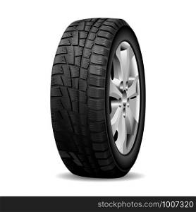 Winter tire. Realistic Wheel tyre chrome rim, isolated. Automotive tire with snow tread. Frozen road rubber protector. Sport, bus or suv transportation safety tyre illustration. Wintery driving. Winter tire. Realistic Wheel tyre chrome rim. 3d