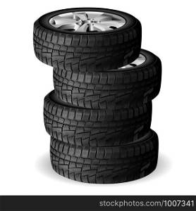 Winter tire stack. Tyre repair shop. Auto wheel vector illustration. Realistic Automobile rubber 3d render with rim. Cold snow worn and protect. New quality tyres side view for truck or suv. Winter tire stack. Tyre repair shop. Auto wheel