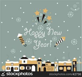 Winter town. Happy new year Greeting Card with lettering. Vector illustration.