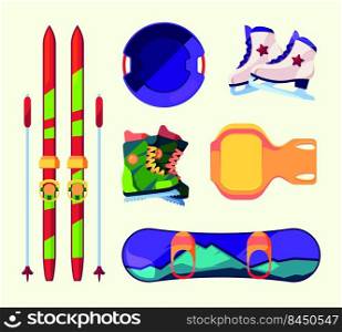 Winter transport. Snowboards skis sleds snowmobiles sledding active objects for outdoors sport health care activities garish vector objects set. Illustration of ski and snowboard. Winter transport. Snowboards skis sleds snowmobiles sledding active objects for outdoors sport health care activities garish vector objects set