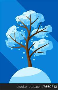 Winter tree with falling snow. Natural seasonal decorative illustration.. Winter tree with falling snow.