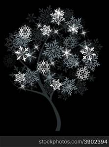 Winter tree with snowflakes on black background. EPS 10 vector illustration without transparency.