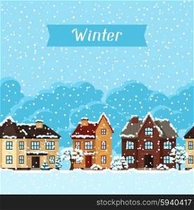 Winter urban landscape card with houses and trees. Winter urban landscape card with houses and trees.