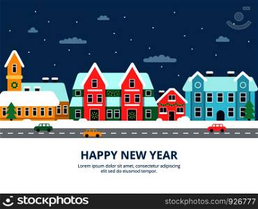 Winter urban landscape. Snowy roof city buildings night with snowflakes christmas holiday town vector illustrations. Banner happy new year with snow city and road car. Winter urban landscape. Snowy roof city buildings night with snowflakes christmas holiday town vector illustrations