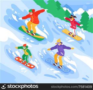 Winter vacation holiday sport resort outdoor activities isometric composition with family downhill snowboarding fun vector illustration