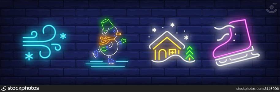 Winter vacation neon sign set with ice skates, home, wind. Vector illustration in neon style, bright billboard for topics like December holidays, activity, leisure