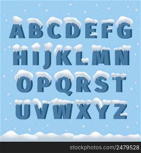 Winter vector alphabet with snow. Letter abc, ice cold font, season frost font, typography or typeset. Winter alphabet vector illustration. Winter vector alphabet with snow