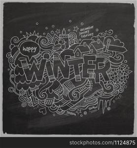 Winter Vector hand lettering and doodles elements chalkboard background