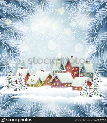 Winter village Christmas Holiday background. Vector.