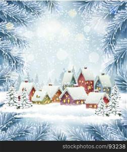 Winter village Christmas Holiday background. Vector.