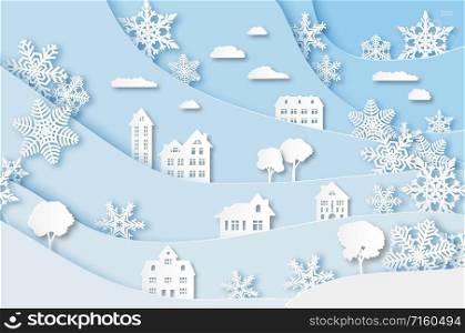Winter village. Christmas holidays white landscape with house, snowing trees and snowflake vector cut paper building and mountain decoration. Winter village. Christmas holidays white landscape with house, snowing trees and snowflake vector cut paper decoration