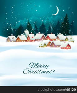 Winter village night Christmas background. Vector.